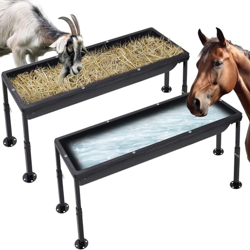 Large Water Troughs for Livestock with 3-Level Adjustable Height Stand - 2 Pack Horse Duty Watering & Feeding Trough Portable Farm Animal Feeder Floor Standing Goat Waterer Bucket