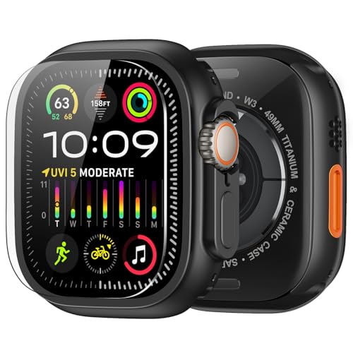 amBand Metal Case Screen Protector Cover for Apple Watch Ultra 2/Ultra 49mm, W3 Rugged Bumper Thin Frame + 9H Tempered Glass Film + Ceramic-Like Back Cover, [Stylish] [Waterproof], Matte Black