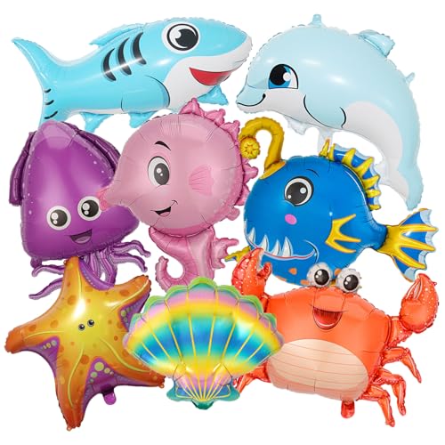 8 Pcs Sea Animal Balloons Giant Ocean Foil Balloons Shark Starfish Dolphin Octopus Fish Balloon for Ocean Themed Under The Sea Baby Shower Birthday Party Decorations