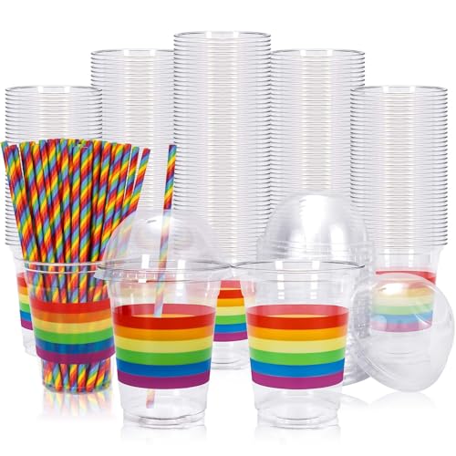 Whaline 50 Pack 12oz LGBTQ Disposable Cups with Dome Lids Straws Rainbow Plastic Glasses Cups Covers Paper Straws for Gay Pride Day Drinks Party Supplies