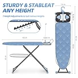 KINGBOARD Ironing Board, Compact Iron Board Full Size with Extra Thick Cover, 7 Adjustable Heights Iron Stand with Hanger and Iron Rest, Large Heavy Duty Ironing Board with Storage Tray, 13x43 Blue