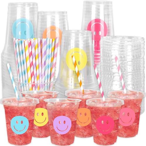 Whaline 60Pcs Smile Face Disposable Plastic Cups with Lids and Straws 12oz Pastel Preppy Smile Pattern Cold Beverage Drinking Cup for First Birthday Baby Shower Wedding