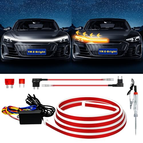 Dynamic Scan Start Up Hood Light Strip Sequential Flowing Turn Signal Lights Flexible DRL Daytime Running Headlight Car Led Light Strip Exterior,Dual Color Amber White Switchback 12V 79inch (1 Set)