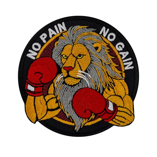 Boxing Lion Embroidered Patch Iron On – Fierce Lion with Red Boxing Gloves, No Pain No Gain, 3.9 x 3.9 Inches, Iron on