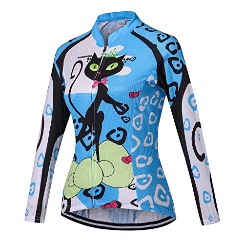 Women Cycling Jersey Long Sleeve Bike Jacket Biking Shirt Bicycle Clothing Blue Cat Size XXL