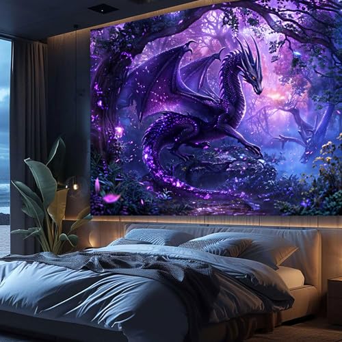 Bcsewcg Purple Dragon Tapestry, Medieval Fantasy Animals Cool Dragon Tapestry Wall Hanging for Man, Psychedelic Forest Tapestries for Bedroom Living Room Dorm,, 80Wx60L