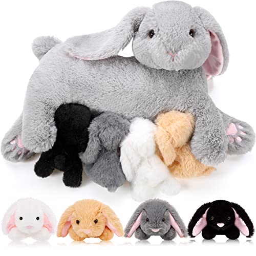 HyDren 5 Pcs Nursing Bunny Plush Toys Set 15 Inch Mommy Bunny Stuffed Animal with 4 Magnetic Baby Rabbit Plushies for Kids Birthday Baby Shower Party Favors Easter Basket Stuffers