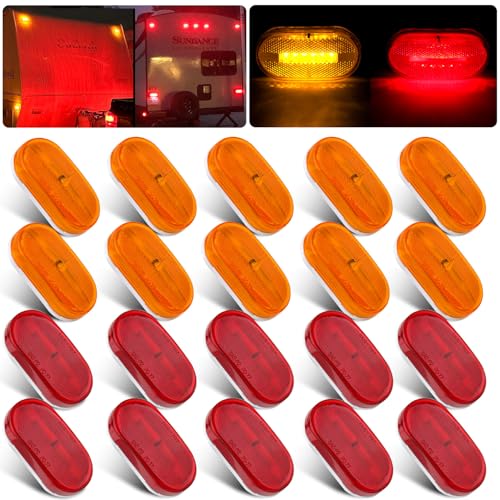 Konrali 4 Inch LED Trailer Side Marker Clearance Lights 10 Amber & 10 Red, 2x4 Rectangle Truck Marker Lights with 6LEDs RV Camper Truck Clearance Indicators Surface Mount