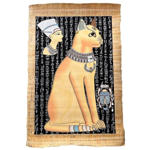 Large Wall Decor - 17x25 Inches - Egyptian Cat Bastet Goddess Painting on Papyrus Hieroglyphs Background - Gift for fans of Bast - Glow In Dark - Unframed - Framable