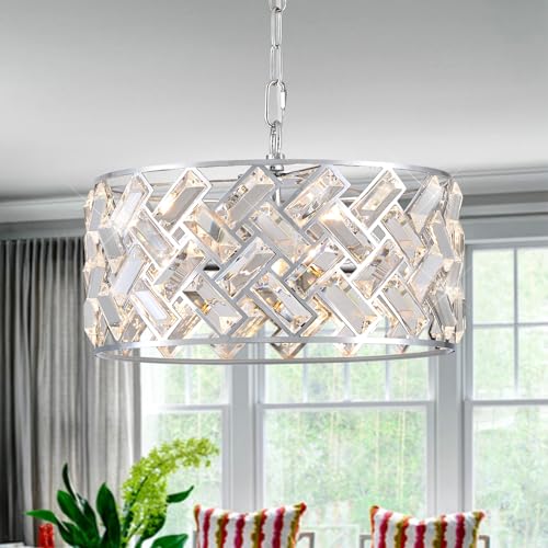 CATINER Chrome Crystal Chandeliers, 4-Light Modern Semi Flush Mount Ceiling Light, D12'' Small Round Crystal Hanging Pendant Light Fixtures for Dining Room Kitchen Island Entryway Hallway