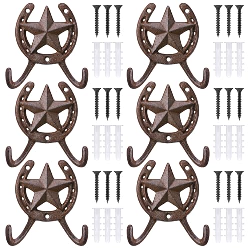Otoolling 6 Pcs Cast Iron Lucky Horseshoe Wall Mounted Hook Rustic Older Metal Horseshoe Hooks Star Decorative Country Vintage Style Wall Hook for Coat Shoe Towel
