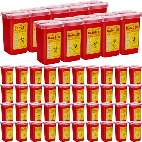 50 Pcs 1 Quart Sharps Container Sharps Disposal Containers for Home Use Small Needle Portable Flip Top Designed for Office Tattoo Parlors Barbershop Travel, 6" x 4" x 3", Red