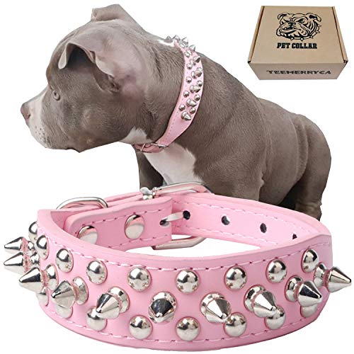 TEEMERRYCA Adjustable Leather Spiked Studded Dog Collars with a Squeak Ball Gift for Small Medium Large Pets Like Cats/Pit Bull/Bulldog/Pugs/Husky, Pink, L(15"-18.5")
