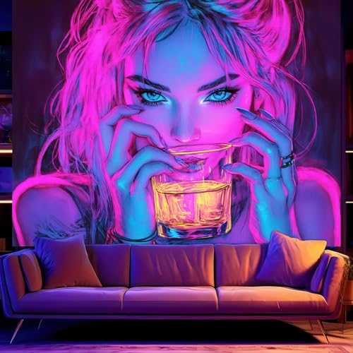 BlissYard Blacklight Tapestry Bedroom Cool Cute Girl Anime Wall Tapestry Aesthetic UV Reactive Purple Tapestries Glow In The Dark Art Wall Hanging Poster Room Bedroom Party Backdrop Decor 78x59 Inch
