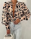 BTFBM Women Fashion Button Down Shirts Lapel V Neck Printed Solid Boho Long Sleeve Blouses Dressy Casual Summer Fall Top(Leopard Print, Small)