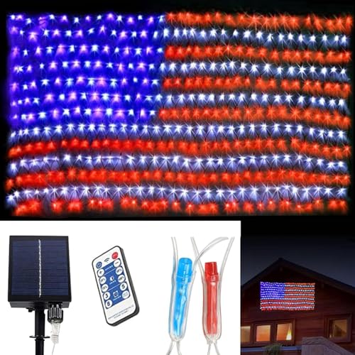 PUHONG (Upgraded) Solar American Flag Lights, 2-in-1 Solar Powered Flag Net Lights, 420 LED 8 Modes Waterproof with Remote Control for Independence Day, Memorial Day, Garden, 4th of July Decorations