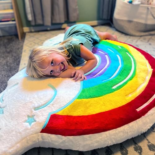FluffyFloor Cushion Rainbow Cloud Inflatable Floor Pillow, Kids' Soft and Cozy Floor Seat, Colorful Room Décor for Bedroom or Playroom, Girls & Boys Ages 3+