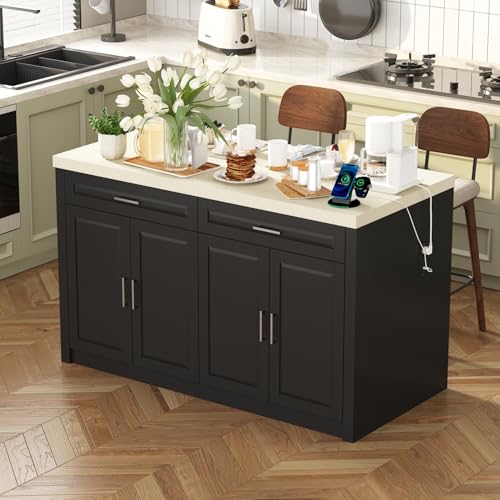 Homsee 61" W Large Kitchen Island with Charging Station, 2 Drawers & Adjustable Shelves, Modern Stationary Kitchen Prep Table Coffee Bar Cabinet for Dining Room, Black & Beige