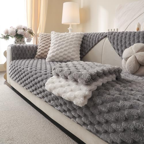 Aucrovee Soft Plush Faux Fur Couch Cover, Fluffy Non Slip Sectional Sofa Covers for 3 Cushion Couch, Furniture Protector Sofa Slipcover(1 PCS 36"x82" Light Grey)