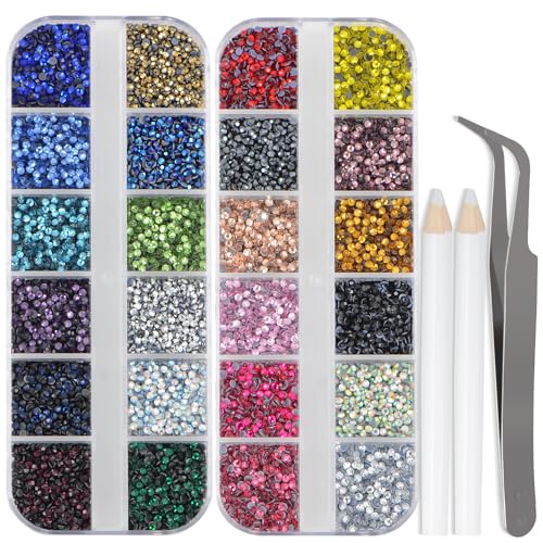 LPBeads Glass Hotfix Rhinestones Bulk SS6 14400pcs 24 Colors Hotfix Crystal Flatback Rhinestones for Crafts Clothes with Tweezers and Wax Pencil Kit