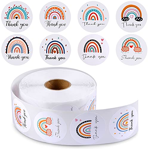 Outus 1000 Pieces Rainbow Thank You Label Stickers 1.5 Inch Round Thanks You Stickers Boho Adhesive Business Label Envelope Seals Rolls for Card Box Packing Gifts Bag, 8 Styles
