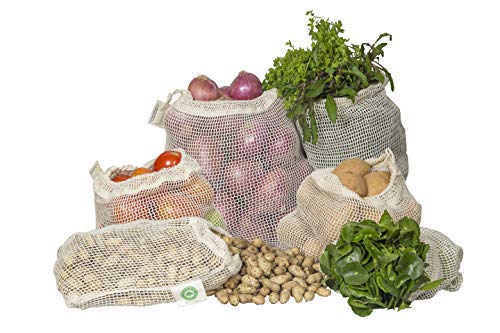 Reusable Organic Cotton Mesh Produce Bags - 100% Cotton, Durable, Double Stitched, Washable with Tare Weight & Drawstring - Mesh Bags for Grocery Shopping, Vegetables & Fruits | 6 Sizes (2L, 2M, 2S)