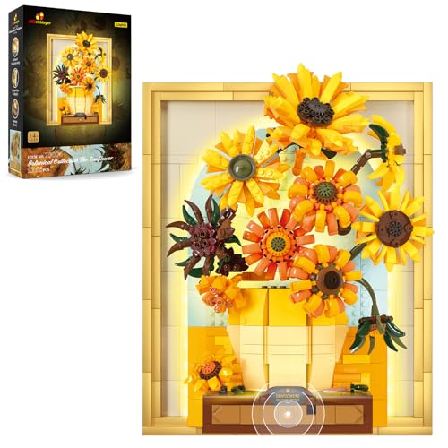 JMBricklayer Flowers Sunflower Building Sets for Adult with Lights 70004, Van Gogh Wall Art Crafts Ideas Flower Bouquet, Painting Frame Room Decor, Valentine’s Day Birthday Gifts for Women Girl