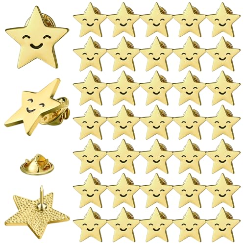 Lyrow 50 Pcs Star Lapel Pins Star Badge Pins Gold Encouraging Funny Lapel Pins Bulk Y2k Pins Metal Stars Brooches for Backpacks Award Student Employees Military 4th of July Memorial Day