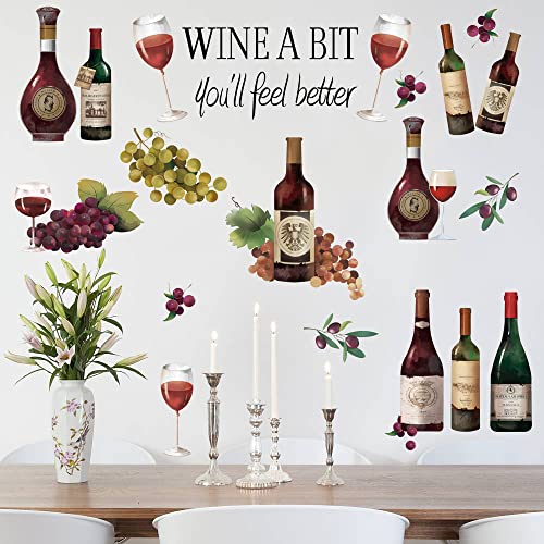 Runtoo Wine Bottle Kitchen Quotes Wall Decals Grape Fruit Wine Tasting Inspirational Wall Stickers for Bar Kitchen Wall Decor