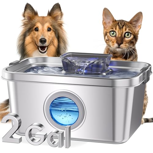 PETIMI Cat & Dog Water Fountain, 2 Gallon 304 Food Grade Stainless Steel Pet Water Fountain, Ultra Quiet Dog Water Bowl Dispenser, Safety Lock, 3 Replacement Filters, Smart Water Pump Protection