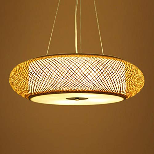 XINDAR Bamboo Pendant Light, Criss-Cross Woven Bamboo Pendant Lamp Asia 1 Head Wood Rattan Round Chandelier for Bedroom (19.5 Inch)