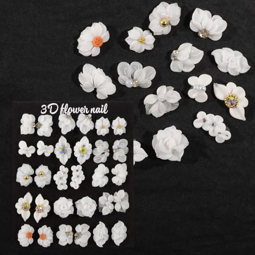 30PCS 3D Handmade Flower Nail Art Charms Advanced Handcrafted Cherry Blossom Flower Colorful Sculpted Floral Nails with Rhinestone Caviar Beads Design for Women Profession Nail Art Craft Jewelry
