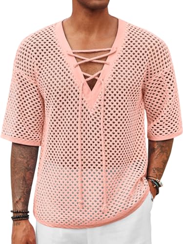 Runcati Mens Lace Up Beach Shirts Hollow Out V Neck Half Sleeve T Shirts Knit Crochet See Through Summer Tops Pink