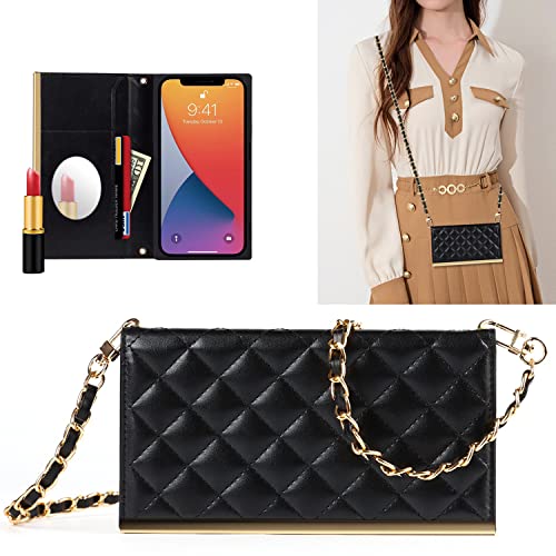 YAKVOOK Wallet Case Compatible with iPhone 13,Luxury Fashion Flip Purse Leather Bag with Card Slots Crossbody Chain Shoulder Strap with Mirror Bracket Shockproof Protector Black