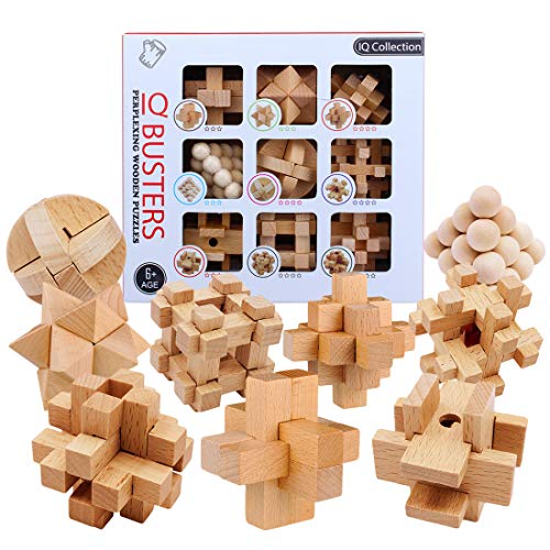 HMANE 9Pcs Wooden Brain Teaser Puzzle, IQ Test Toy, Kong Ming Lock Puzzle Disentanglement Puzzles Toy Unlock Interlock Game