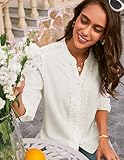 Dressy Tops for Women 3/4 Sleeve Tops Summer Button Down Hollow Out Embroidery Work Blouses White XL