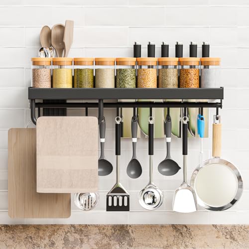 Kitchen Utensil Rack for Wall, Cooking Utensils Hanger, Coffee Bar Shelf, Bathroom Shelf With Hooks, Large Wall Mounted Spice Rack, Cabinet Organizer, Pot Holder (Large)