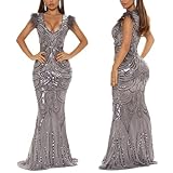 PORRCEY Sexy Women Sparkly Sequins Deep V Neck Bodycon Maxi Dress Party Club Evening Dress(Y9259,Gray,M)