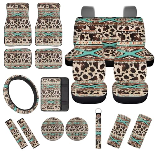 Wunvihay 17 Pcs Aztec Cow Print Car Seat Covers Full Set with Floor Mats Steering Wheel Cover Shoulder Pads Armrest Pad Keychain Roof Gloves Cup Coaster Universal