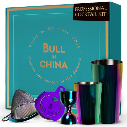 Bull in China Cocktail Shaker Set Rainbow Chrome, Professional Grade Bar Tools for Shaken Cocktails, Bar Set Includes: Weighted Shaker, Hammered Bell Jigger, Hawthorne Strainer, Fine Mesh Strainer