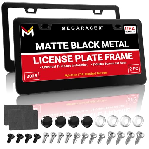 Premium Matte Black License Plate Frames – 2 Pack, Rust-Free Stainless Steel, Rattle-Free, Universal with Screw Covers, Slim-Top & Wide-Bottom Design, Thin Rigid Metal Front & Rear Car Tag Holders