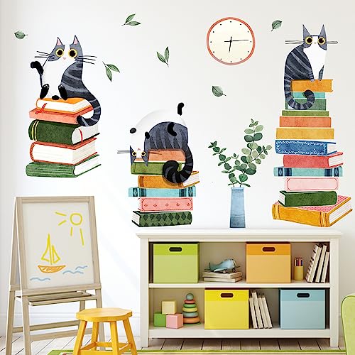 Mfault Cats Reading Books Wall Decals Stickers, Kitty Kitten Neutral Nursery Decorations Study Classroom Bedroom Art, Plant Leaves Reading Corner Toddler Kids Room Home Decor Gifts
