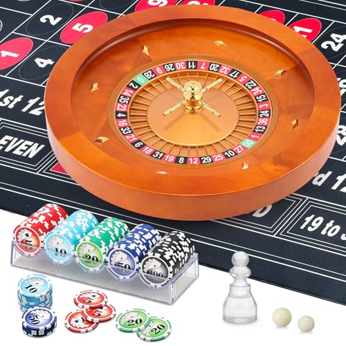 Proshine 18" Wooden Roulette Wheel Set with 47.2 * 23.6” Roulette Tablecloth 100pcs Poker Chips Roulette Win Marker Dual Balls Casino Game Sets Smooth Rotation Roulette Wheel for Family & Party Fun