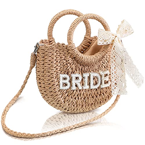 Pinkunn Bride Gift Bride Straw Purse Mrs Handwoven Bag Rhinestone Letter Bag Bachelorette Honeymoon Wedding Bridal Shower(BRIDE)