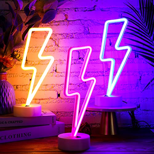 Sieral 3 Pcs Lightning Bolt Neon Signs Lightning Neon Lights with Base LED Sign USB or Battery Operated for Teen Girls Gift Birthday Wedding Party Decor(Warm White, Blue, Pink)