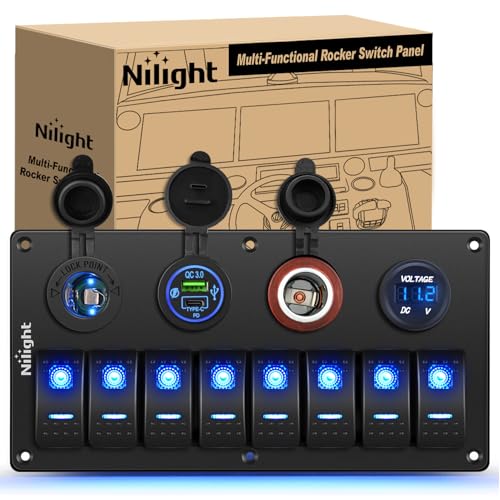 Nilight 8 Gang Rocker Switch Panel Waterproof Aluminum Marine with PD Type C & USB Charger Cigarette Lighter Socket Voltmeter Inline Fuse 12V 24V ON Off Pre-Wired Switches for Car Truck Boat