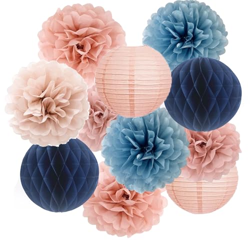 Dusty Pink Blue Hanging Party Decorations with Tissue pom poms and Paper Lantern for Bridal Baby Shower Gender Reveal Birthday Decor Supplies (Dusty blue + Rose gold)