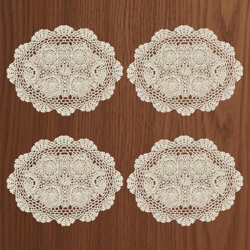 4Pcs Handmade Cotton Crochet Doilies 12"x18", Oval Boho Lace Table Placemats Vintage Furniture Cloth Cover Room Decor, Floral Dollies for Tables Dresser Nightstand, Beige