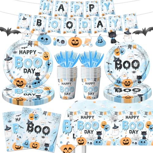 Halloween Happy Boo Day Party Decorations, 142Pcs Blue Halloween Decor Tableware Supplies Happy Boo Day Plates and Napkins,Cups,Banner,Tablecloth Happy Boo Day Decorations for Boy