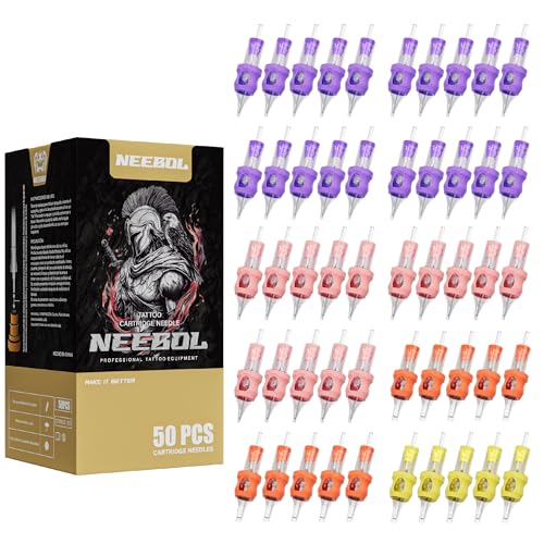 50pcs Neebol Tattoo Cartridge Needles Disposable Assorted Mixed Sizes Tattoo Needles #12 Standard Round Liner Shader Magnum for Tattoo Pen Machine Permanent Makeup Body Art Tattoo Supplies